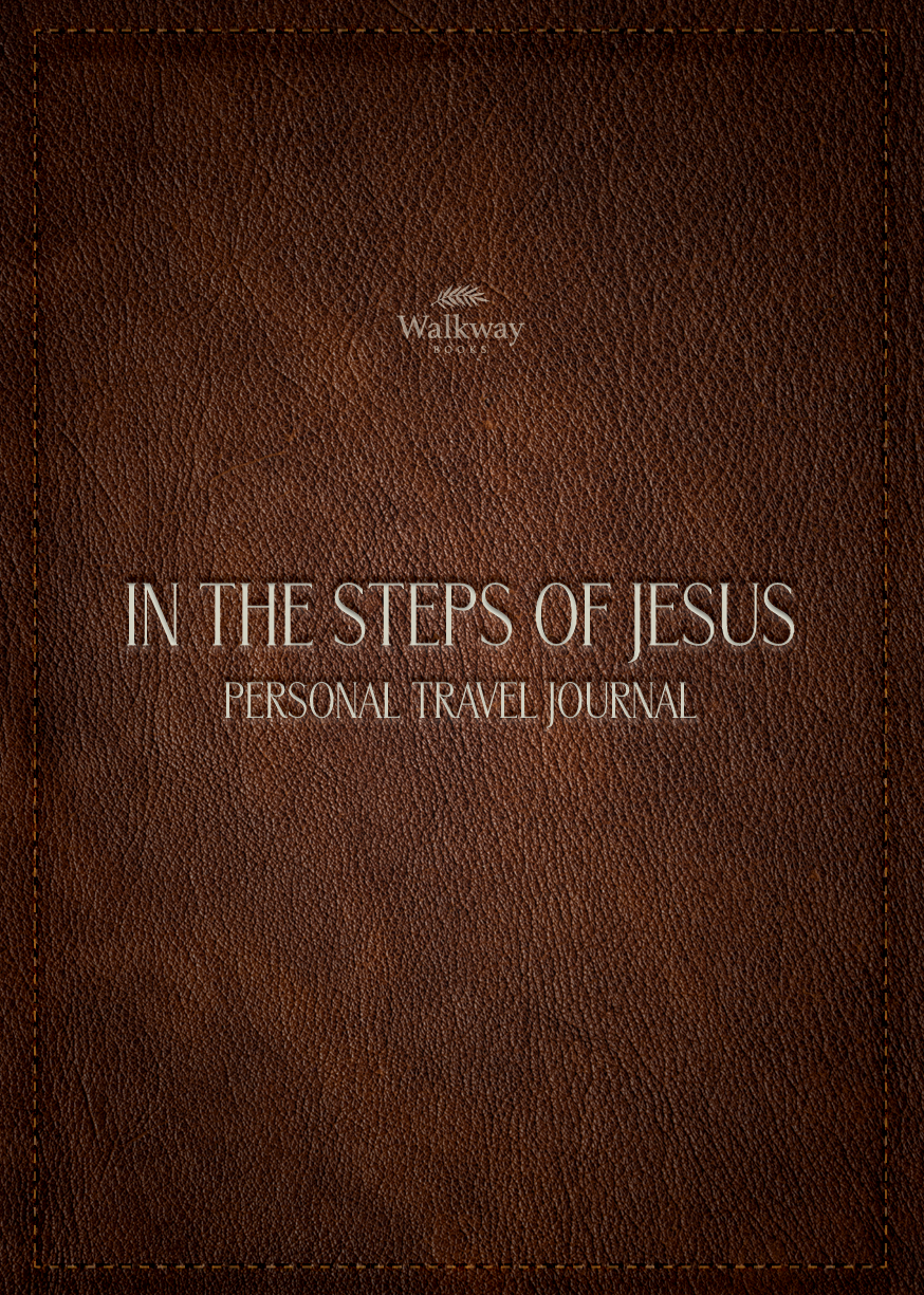 Brown journal cover with words In the steps of jesus personal travel journal